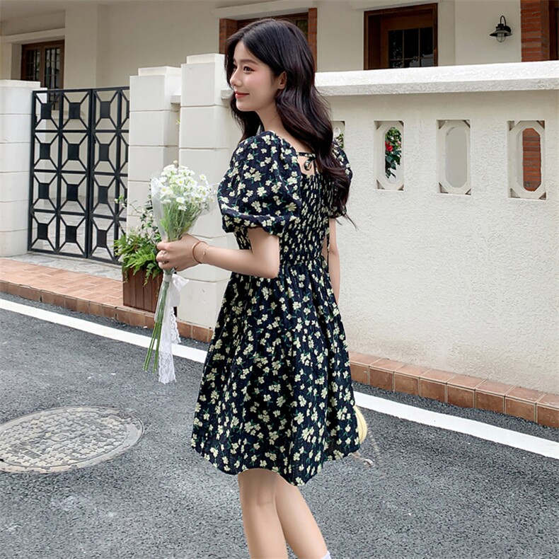 夏季新款方领碎花连衣裙短款B190-82376-P100-K148,女装连衣裙,一九零