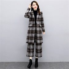 2023新款秋冬季时尚两件套女高端减龄格子大衣职业毛呢阔腿裤套装，女装套装/套裙，罗得堡