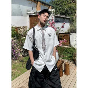 创意设计感领带涂鸦白色衬衫短袖男女夏季趣味学院风衬衣 C384图片