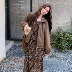 酷飒拽姐碎花吊带连衣裙两件套女2025秋季新款美拉德复古皮衣外套，女装套装/套裙，2C299