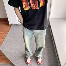 美式潮牌破洞牛仔裤男士秋季新款休闲直筒宽松阔腿长裤L83655-P45，男装牛仔裤，星座1008