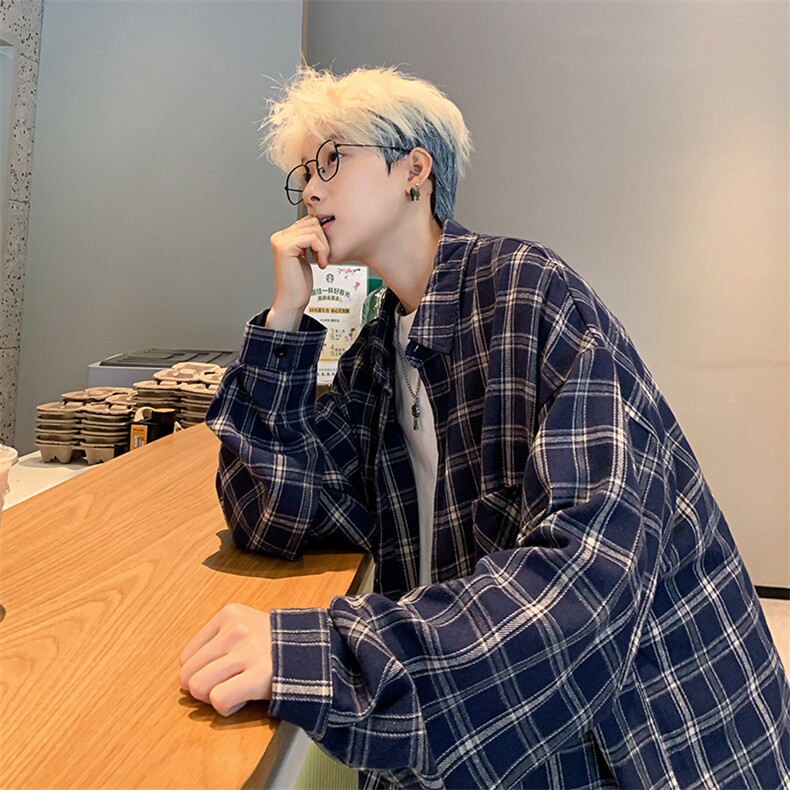 衬衣男秋季新款港风宽松大码磨毛格子长袖衬衫CS530-P38,男装衬衫,星座214-3