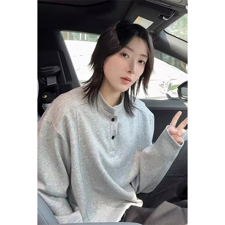 抖音得物品质美式高街重磅曼巴棉拼接cleanfit亨利领卫衣长袖T恤,男装T恤,电商A486-1