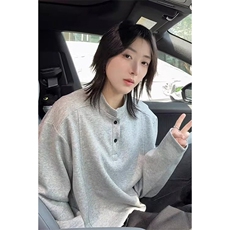抖音得物品质美式高街重磅曼巴棉拼接cleanfit亨利领卫衣长袖T恤，男装T恤，电商A486-1