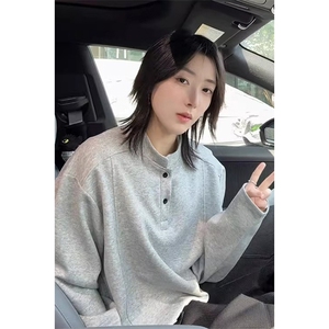 抖音得物品质美式高街重磅曼巴棉拼接cleanfit亨利领卫衣长袖T恤图片