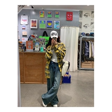 TC1398-P452025新款韩系蛋黄色格子贴标磨毛长袖衬衫女百搭外搭，男装衬衫，星座617A-2