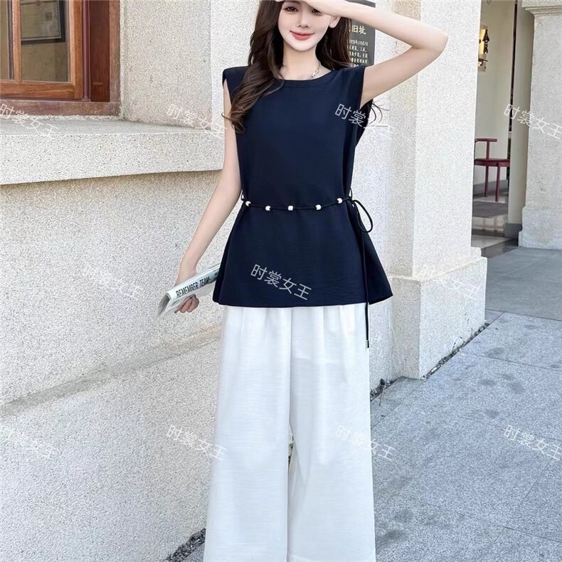 夏季新款韩系圆领系带无袖衬衫+阔腿裤两件套女显瘦时尚套装,针织衫/毛衣,雅鹿