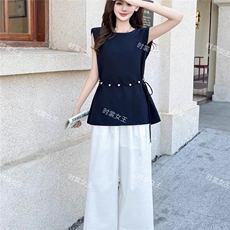夏季新款韩系圆领系带无袖衬衫+阔腿裤两件套女显瘦时尚套装，女装针织衫/毛衣，雅鹿