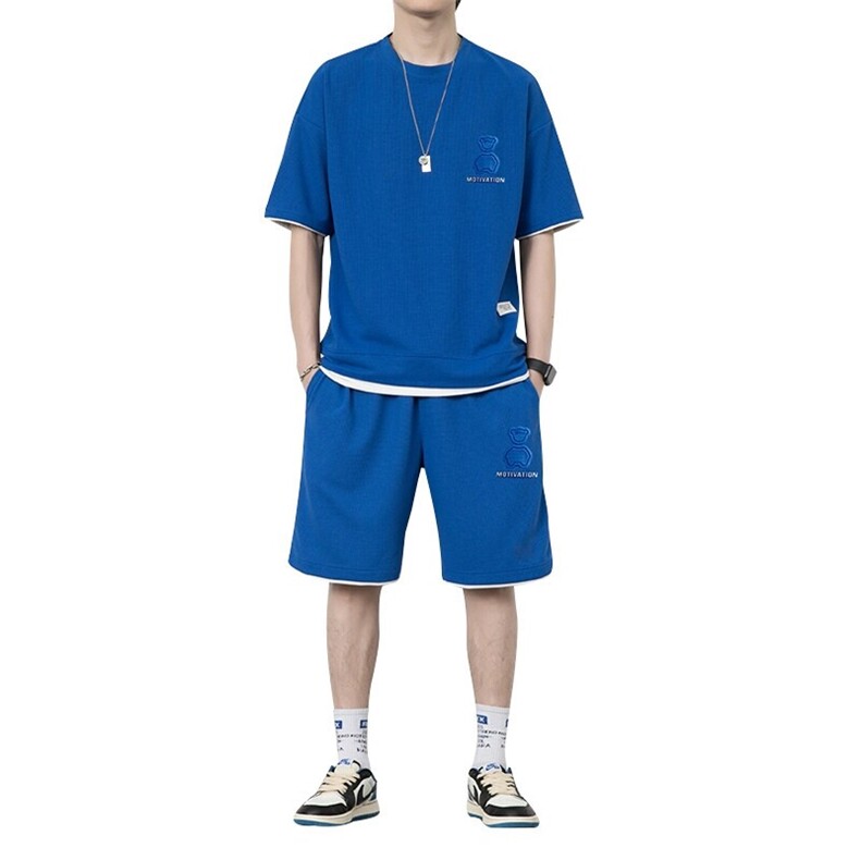 7540-P60夏季华夫格短袖T恤套装男休闲两件套时尚宽松短裤,男装牛仔裤,电商D310B-1