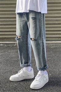现货港风chic韩版休闲九分裤简约破洞牛仔裤修身小脚裤  KZ11图片