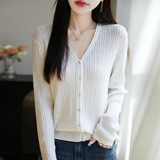 复古麻花针织开衫女V领2025新款精纺薄款毛衣外套叠穿防晒上衣潮，女装针织衫/毛衣，暖烁羊绒