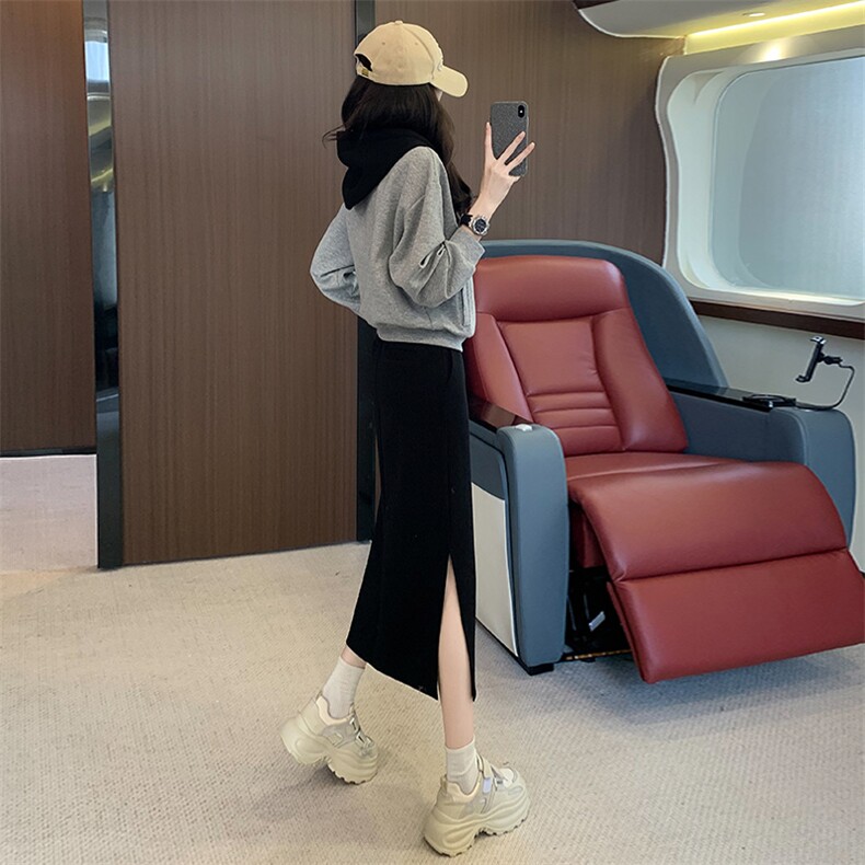 高级感时尚女秋季连帽卫衣收腰开叉半身裙两件套,女装套装/套裙,江南