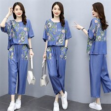 2024夏季新款时尚气质圆领直筒裤腿设计休闲舒适印花两件套，女装套装/套裙，魅影