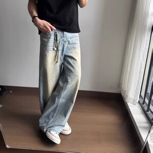 春秋季美式痞帅水洗复古浅蓝色牛仔裤男直筒宽松高街微喇休闲裤子图片
