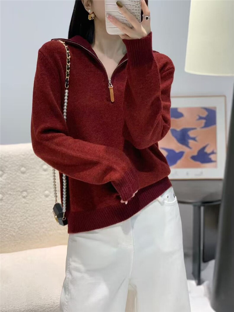 2025年秋季时尚百搭通勤简约休闲花纱拼色拉链polo领，女装针织衫/毛衣，晨旭羊绒
