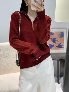 2025年秋季时尚百搭通勤简约休闲花纱拼色拉链polo领，女装针织衫/毛衣，晨旭羊绒