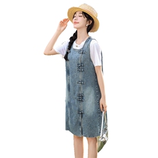 新中式盘扣牛仔裙女方领连衣裙2024夏新款无袖背心裙时尚减龄裙子，女装连衣裙，美拉德工厂直营店