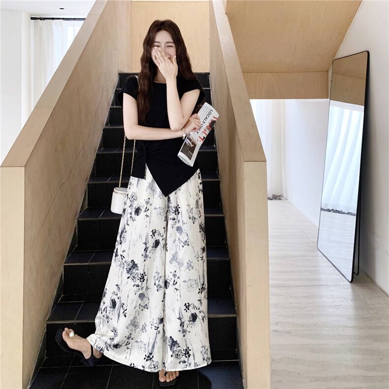 绝美漂亮针织T恤水墨画阔腿裤套装女夏季2025新款两件套大方得体,女装套装/套裙,2C176