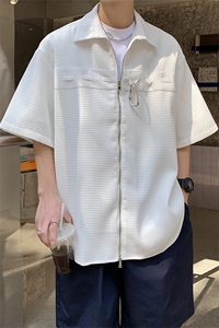 港风华夫格短袖衬衫男大码金属纽扣装饰短袖衬衣DCS8769P45控68图片