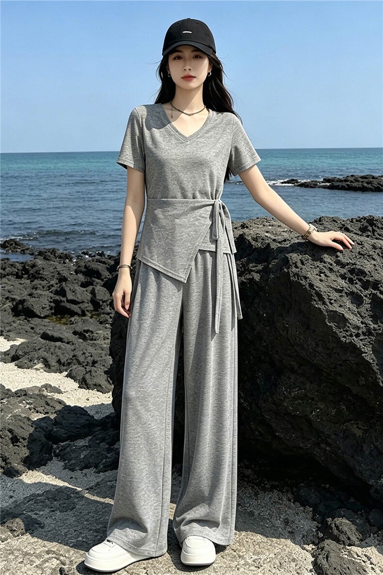 超好看韩版时尚套装女夏新款款蝴蝶结系带短袖上衣阔腿长裤两件套,女装套装/套裙,江南