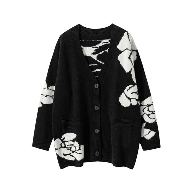 新款针织v领花卉提花开衫时百搭，女装针织衫/毛衣，亿嘉羊绒