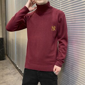 秋冬可翻高领毛衣男NY纯色长袖男刺绣毛衫打底针织衫蓝M251P33图片