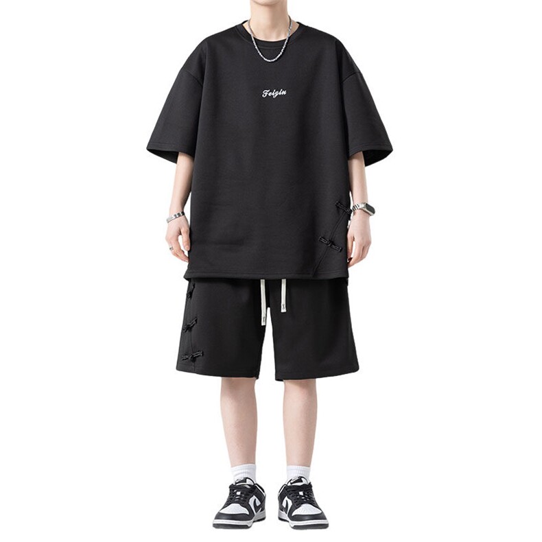 新中式套装男港风宽松拼接盘扣设计短袖T恤五分裤一套TZ6013特P38,男装T恤,星座301B-2（原A443-1）