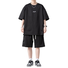 新中式套装男港风宽松拼接盘扣设计短袖T恤五分裤一套TZ6013特P38，男装T恤，星座301B-2（原A443-1）