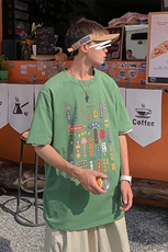 港风复古吃货文字印花t恤男短袖潮流夏季半袖体恤衫T100p35限49，男装T恤，电商A089-1
