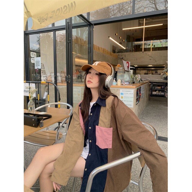 D579-P55撞色复古拼接灯芯绒长袖衬衫春季新款休闲上衣外套男女,男装衬衫,星座911