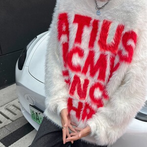 水貂毛慵懒风毛衣男女宽松美式复古潮牌圆领套头上衣外套 M569图片