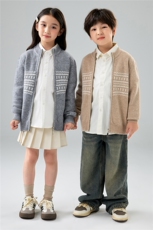 韩版洋气儿童羊毛宽松圆领提花开衫女童拉链毛衣男童针织衫外套，童装儿童羊毛衫，初丹羊绒童装