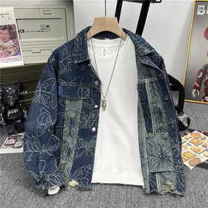 高级感痞帅潮牌时尚蝴蝶提花牛仔外套男士春秋款美式宽松225/P68图片