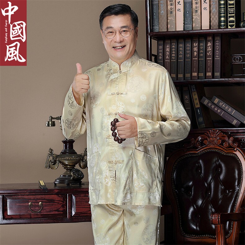 主推风中老年唐装男春秋长袖套装太极服丝绸爷爷装，男装中老年男装，钱塘723