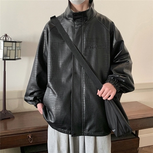 大码pu皮衣夹克钢印美式女复古oversize显瘦设计感情侣机车外套秋图片