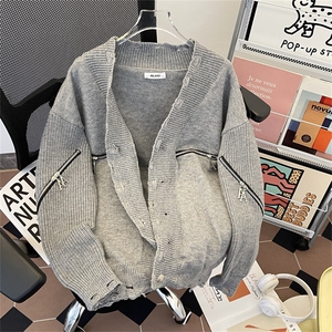 小众解构通体拉链V领开衫破坏毛外套衣金属纽扣毛衫  MY322 P75图片