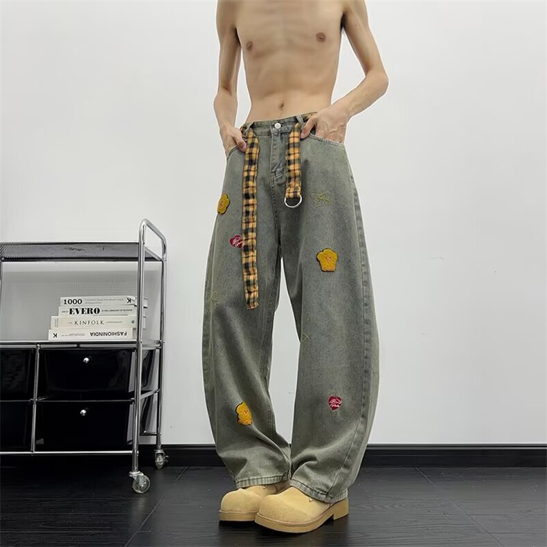 刺绣设计感卡通牛仔裤男2025夏季情侣款宽松直筒休闲裤女，男装牛仔裤，星座1210-1