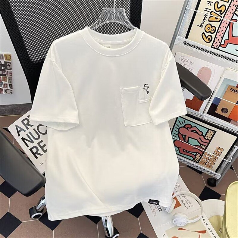 2025潮牌口袋印花短袖t恤男夏美式宽松大码五分袖体恤ST520-P35图片