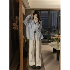 D724-P45日系复古拼接格纹印花衬衫长袖学院风翻领薄上衣春夏，男装衬衫，星座911