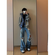 【有货】假两件格子拼接卫衣男款设计感连帽开衫外套JL97LL-特P68，男装卫衣，星座1007（原301D）