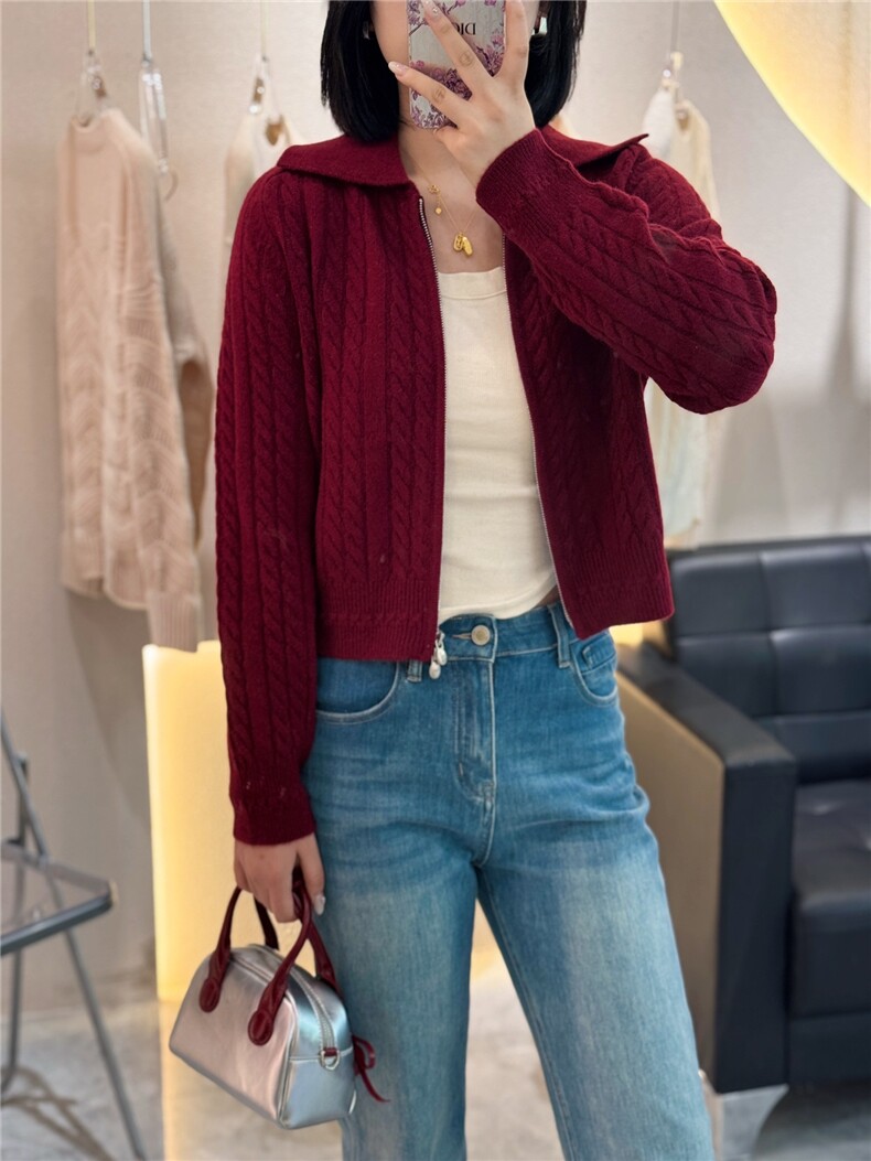 翻领麻花双头拉链山羊绒开衫女圆领宽松针织衫毛衣外套,女装羊绒衫,大千羊绒