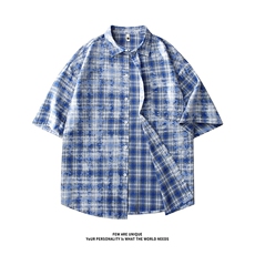 X5501-TP40控价68美式格子上衣短袖夏季衬衫情侣百搭宽松衣服，男装衬衫，电商A102