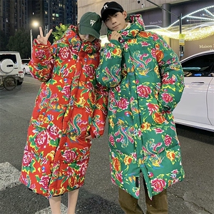 A5长款棉衣外套东北大花风汉服男女宽松保暖防寒连帽棉袄情侣图片