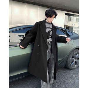 现货~黑色垫肩毛呢大衣冬季赫本英伦风长款教父风衣外套Y900-P135图片