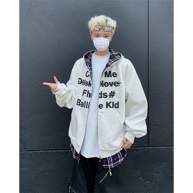 新款假两件连帽卫衣宽松格子拼接拉链开衫外套,女装短外套,星座410-7
