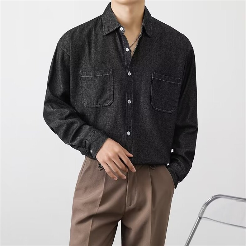 商务休闲牛仔衬衫男长袖痞帅浅蓝色衬衣内搭春秋工装寸衫外套S07,男装衬衫,星座1116A-2（原606A-1）