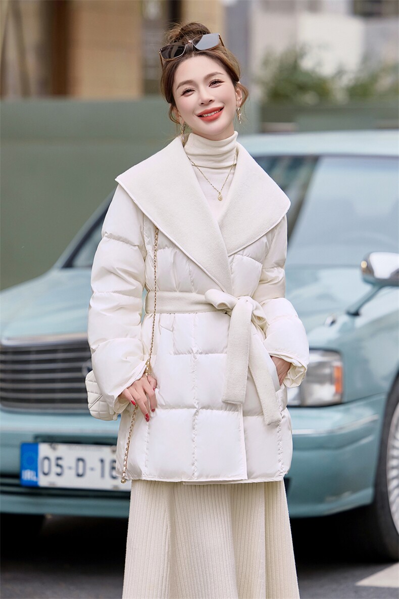 【bao款现货】2024新款冬装V领气质羽绒服拼接双面呢外套90白鸭绒,女装羽绒服,雅静靓衣