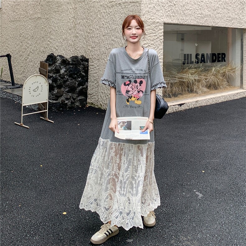 蕾丝拼接花边卡通灰色T恤连衣裙女夏2025新款休闲运动高级感长裙,女装连衣裙,2C236