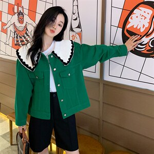 2022年春季牛仔外套女廓形简约荷叶边百搭气质夹克长袖纯色外套图片