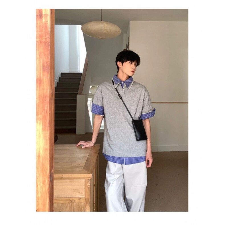 得物抖音高品质二开 夏季美式潮牌高街假两件格子衬衣翻领短袖T恤图片